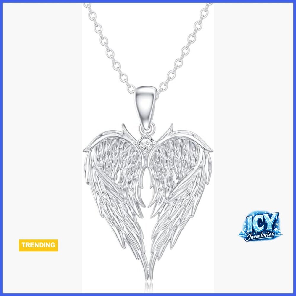 925 Sterling Silver Angel Wing Pendant Necklace with Lab Grown Diamond